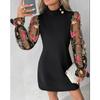 Women's Fashion Spring Fall Solid Color Print Long Sleeve O-Neck High Waist Casual Dresses