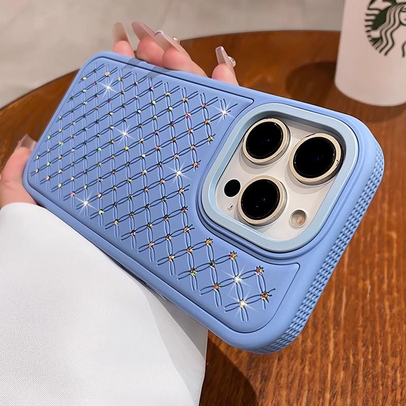 Luxury Bling Sparkling Diamond Rhinestones Case for iPhone 12 13 14 15 16 17 Pro Max Lattice Texture Soft Silicone Bumper Cover