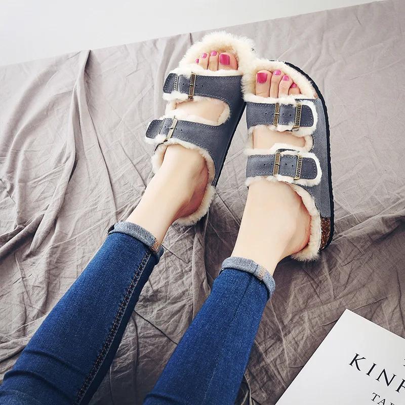 Fashion Women's Shoes Autumn Winter New Woolen Cork Women's Slippers Men's Women's Wool Half Slippers Plus Plush Cork Slippers Outside