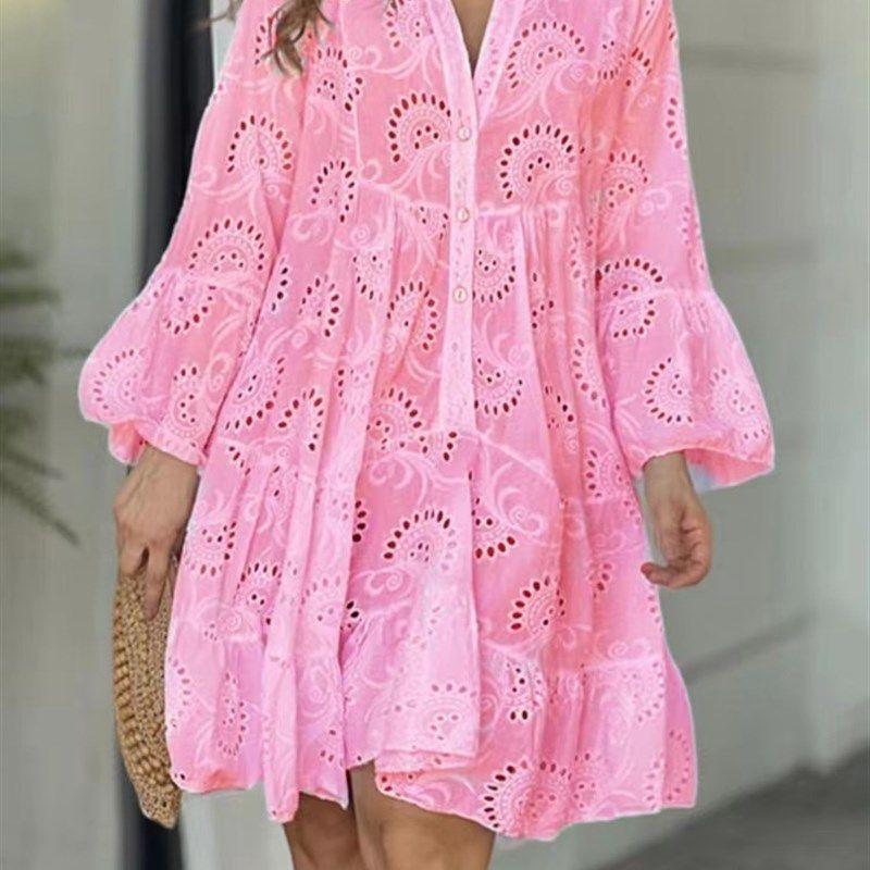 

Summer Loose Vintage Solid Lace Dress Fashion V-neck Pink-2 XL