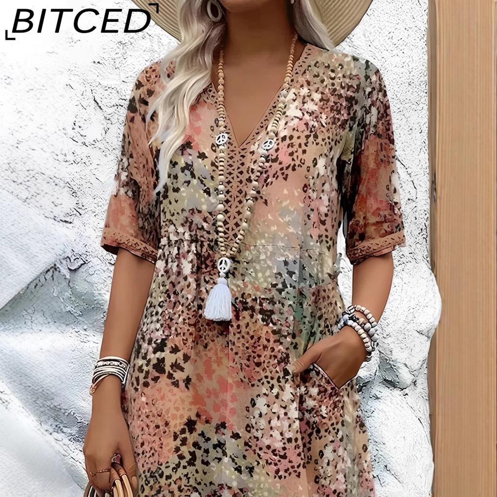 BITCED Printed Summer V-Neck Casual Resort Pocket Dress Loungewear
