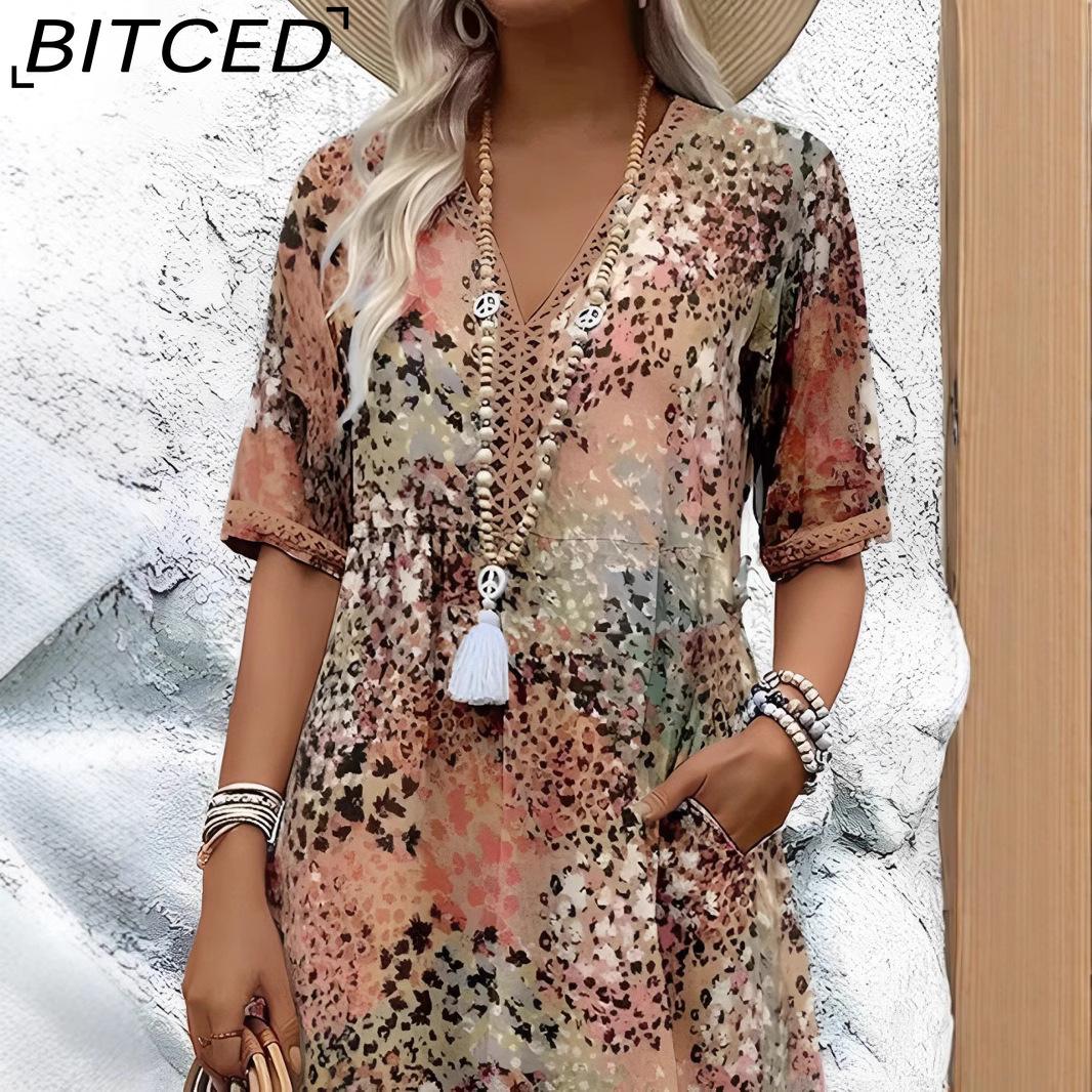 

BITCED Printed Summer V-Neck Casual Resort Pocket Dress Loungewear XXXL хаки