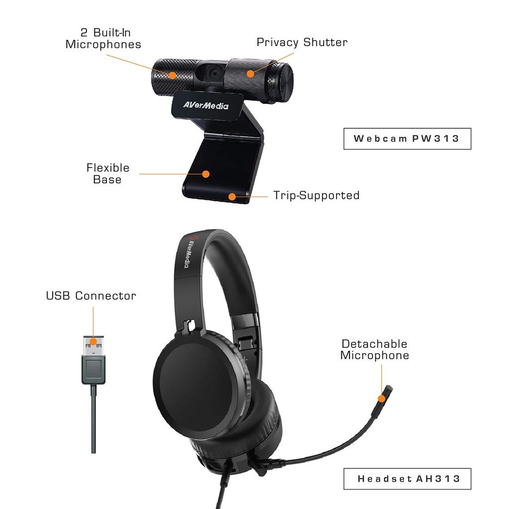 Zestaw słuchawkowy AVerMedia Video Conference KIT 317 USB z kamerą internetową Full HD do wideokonferencji Gwarancja japońskiego producenta BO317 CM1241 + (język angielski
