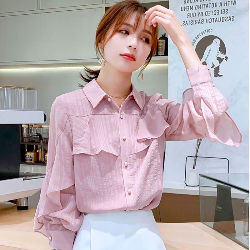 Новый стиль Весна-Лето Шифоновая Рубашка, Модная Корейский Стиль Свободная и Стильная Женская Рубашка с Длинным Рукавом S фиолетовый