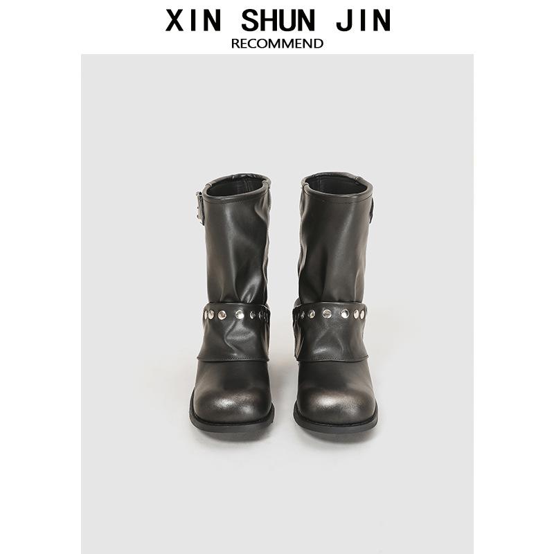 Spice Girls Pants Boots Women's 2025 Rivet Pleated Pile Boots Black Western Cowboy Boots Short Belt Buckle Martin Boots