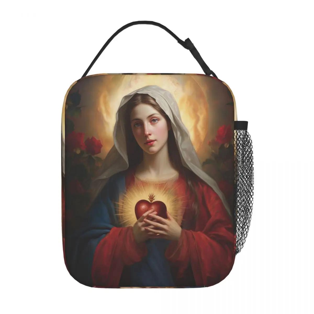 

Immaculate Heart Of Mary Thermal Insulated Lunch Bags for Work Catholic Holy Art Mother of Jesus Christ Portable Food Bag 26x21x11CM бежевий
