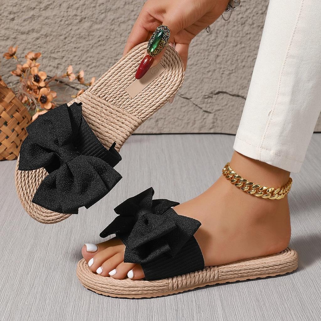 Women Slippers New Summer Striped Bow Platform Sandals Slides Women Casual Shoes Comfortable Flax Slippers Zapatos De Mujer