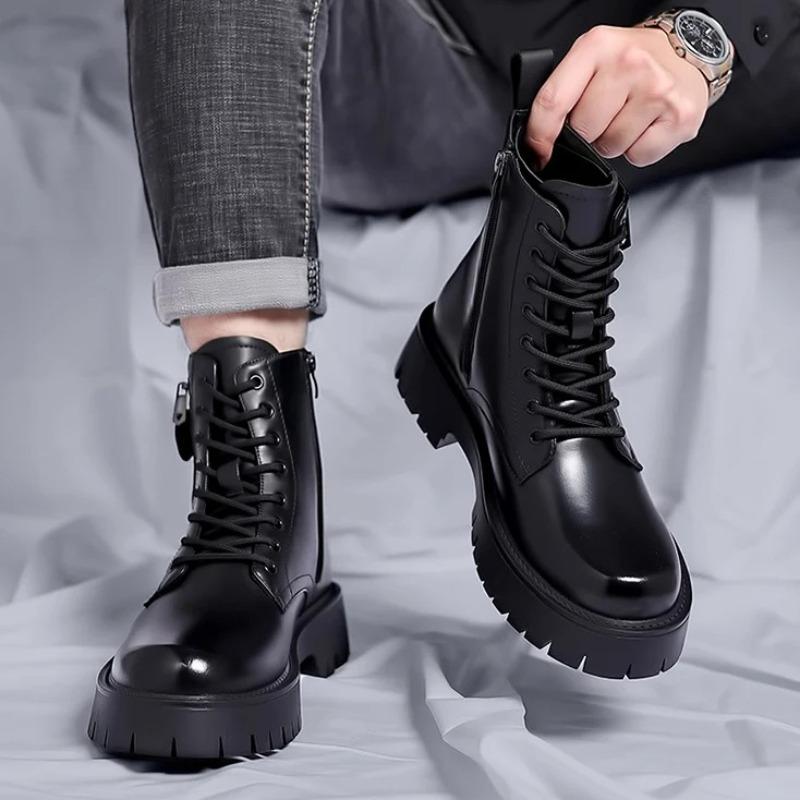 High Quality Men Chelsea Boots Fashion Design Men's Leather Ankle Boots Anti-slip Lace-up Man Platform Knight Boots Botas Hombre