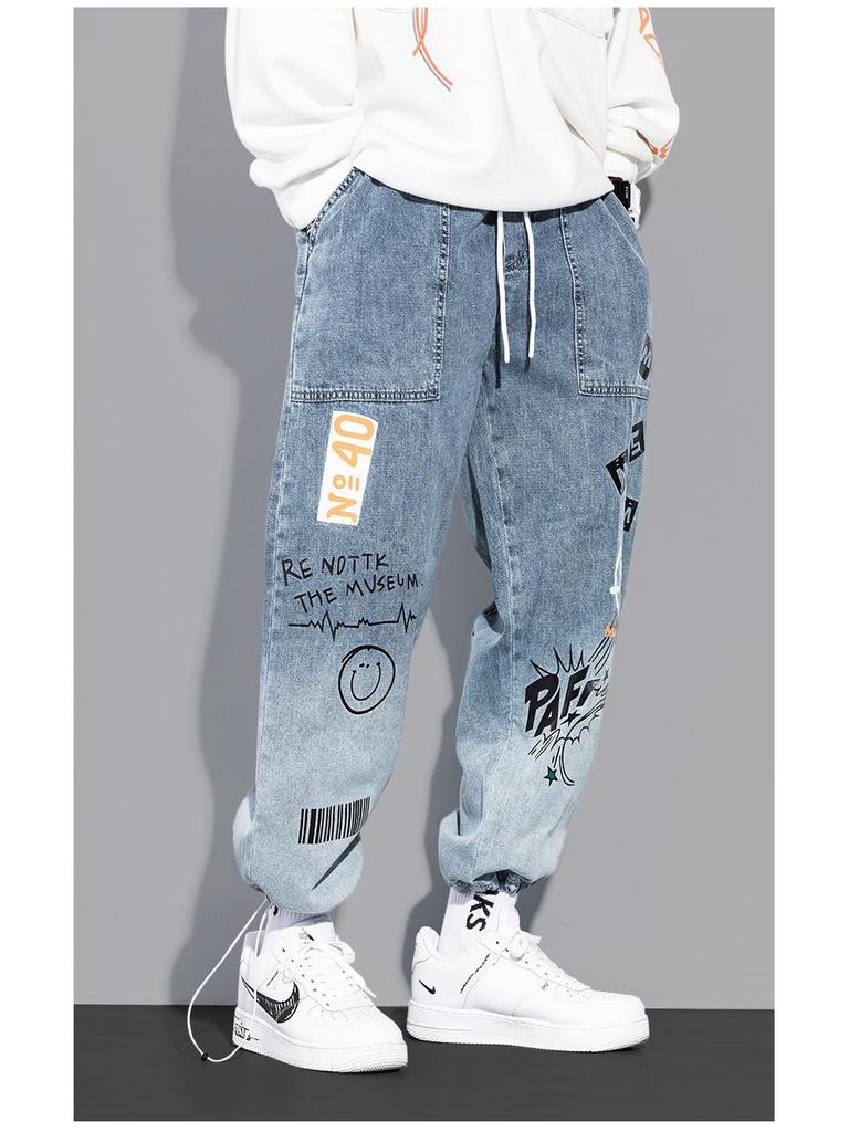 YOA Men's Autumn Cartoon Graffiti Jogger Jeans with Drawstring