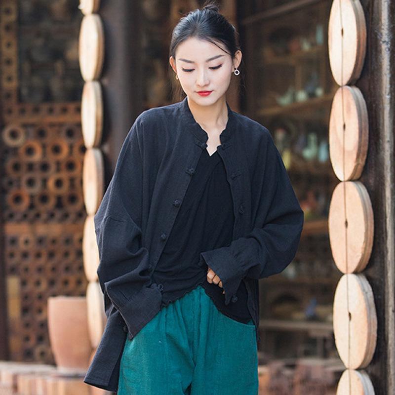 Cotton and linen women's top, new Chinese style cardigan, spring and autumn coat, zen loose tea clothes, button-down long-sleeved shirt