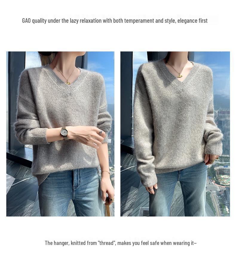 Versatile Women's Cashmere Knit V-Neck Top - Loose Fit, Slimming, Warm for Autumn/Winter