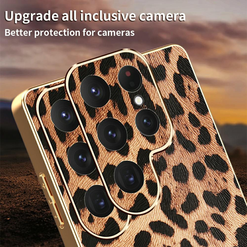 For Samsung Galaxy S24 Ultra Case Leopard Print PU Leather Coated PC+TPU Electroplating Phone Cover