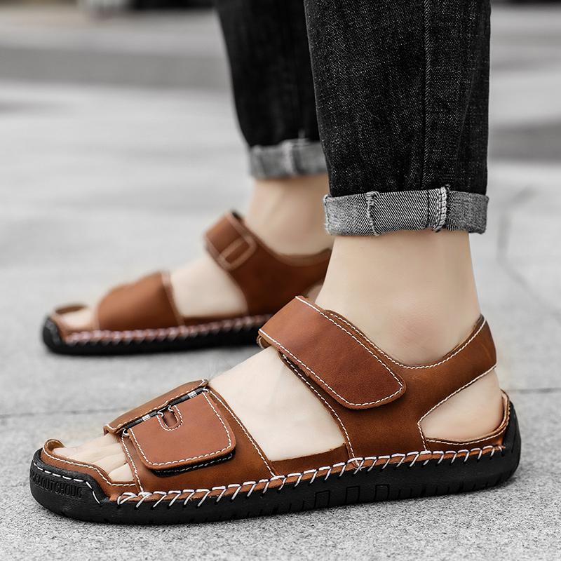 Fashion Men Cowhide Mens Sports Sandals Open Toe Outdoor Sandals Casual Mens Shoes Outdoor Fashion Beach Shoes Brown Size 48