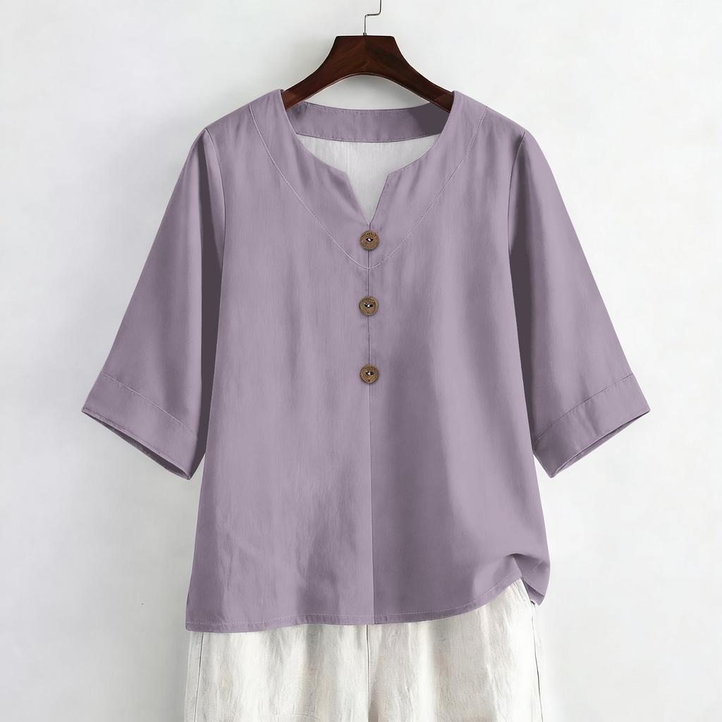 Women's Summer Fashion V-Neck 3/4 Sleeve Linen Shirt - Casual Loose-Fit Top
