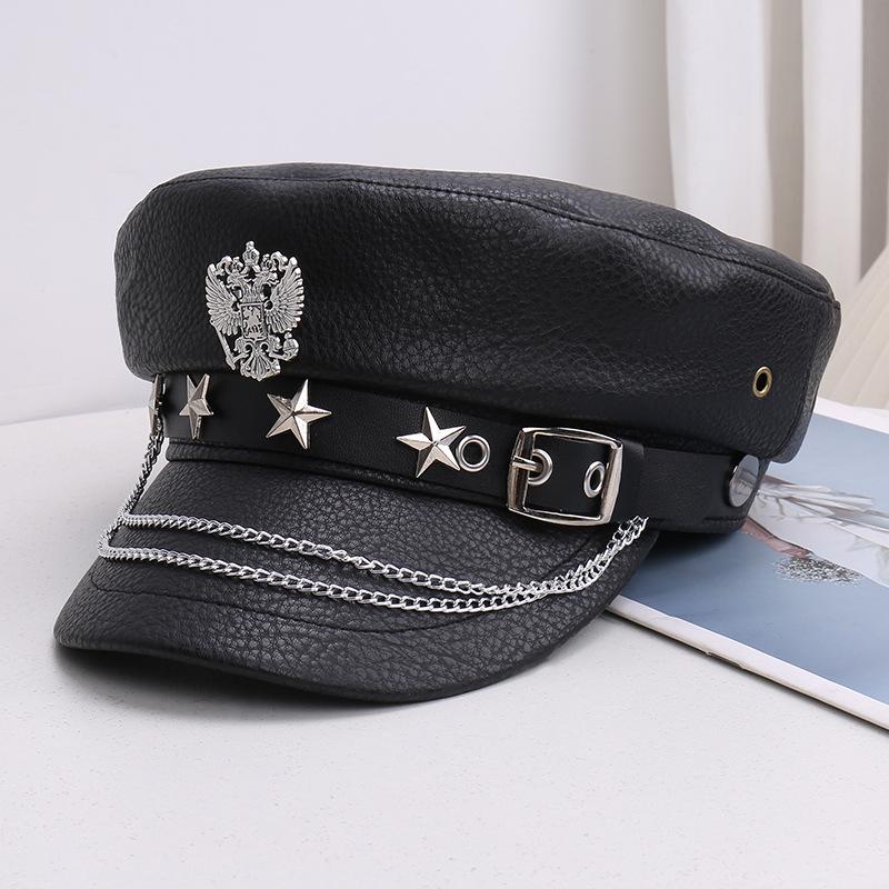 Punk Stil Flache Kappe Herren und Damen Persönlichkeit Leder Lange Nieten Leopardenmuster Silberne Kappe