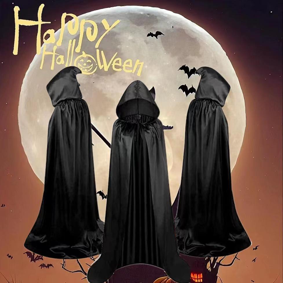 Halloween Black Satin Cloak Cosplay Costume: Grim Reaper/Vampire Robe for Adults & Children