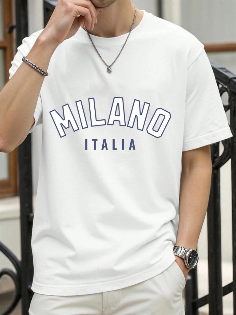 Milano Włochy Nadruk Litery Retro Koszulka Męska Luźna Bawełniana Koszulka Modna Letnia Odzież Unisex Uniwersalna Streetwear