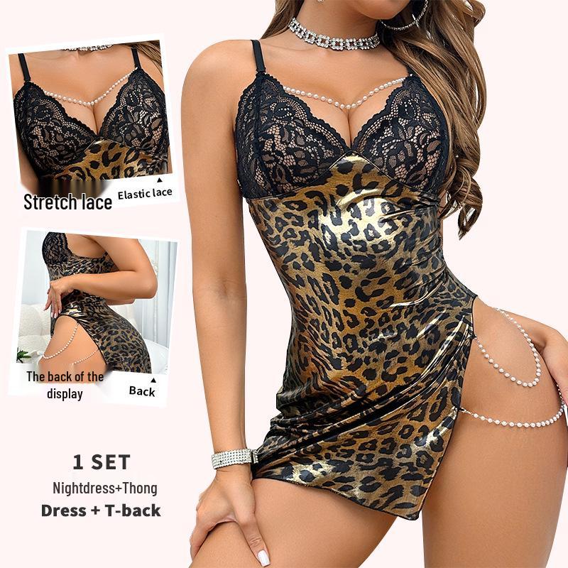Leopard Print Lace Camisole Pajama Set with Pearl Chain and G-string