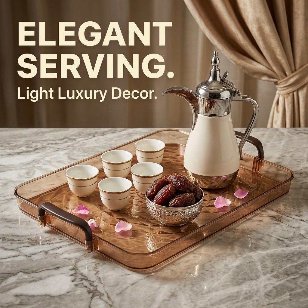 PET Plastic Serving Tray with Handles Clear Food Trays for Eating Diamond Texture Nesting Tea Serving Dishes Platter Tableware