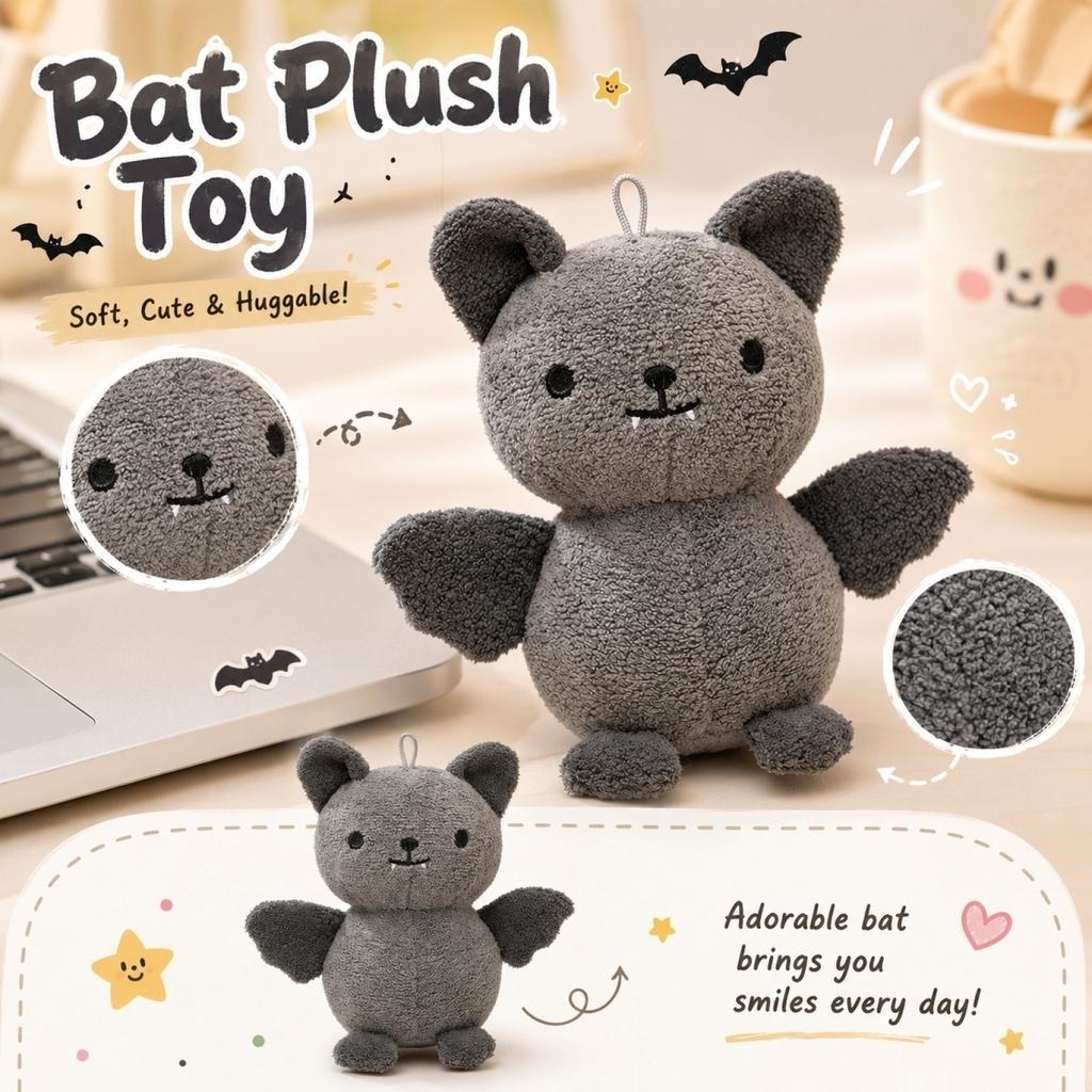 Plush Bat Toy Soft Stuffed Animal Doll with Wings for Kids and Adults Huggable Bat Plushie for Home Office Decoration Gift
