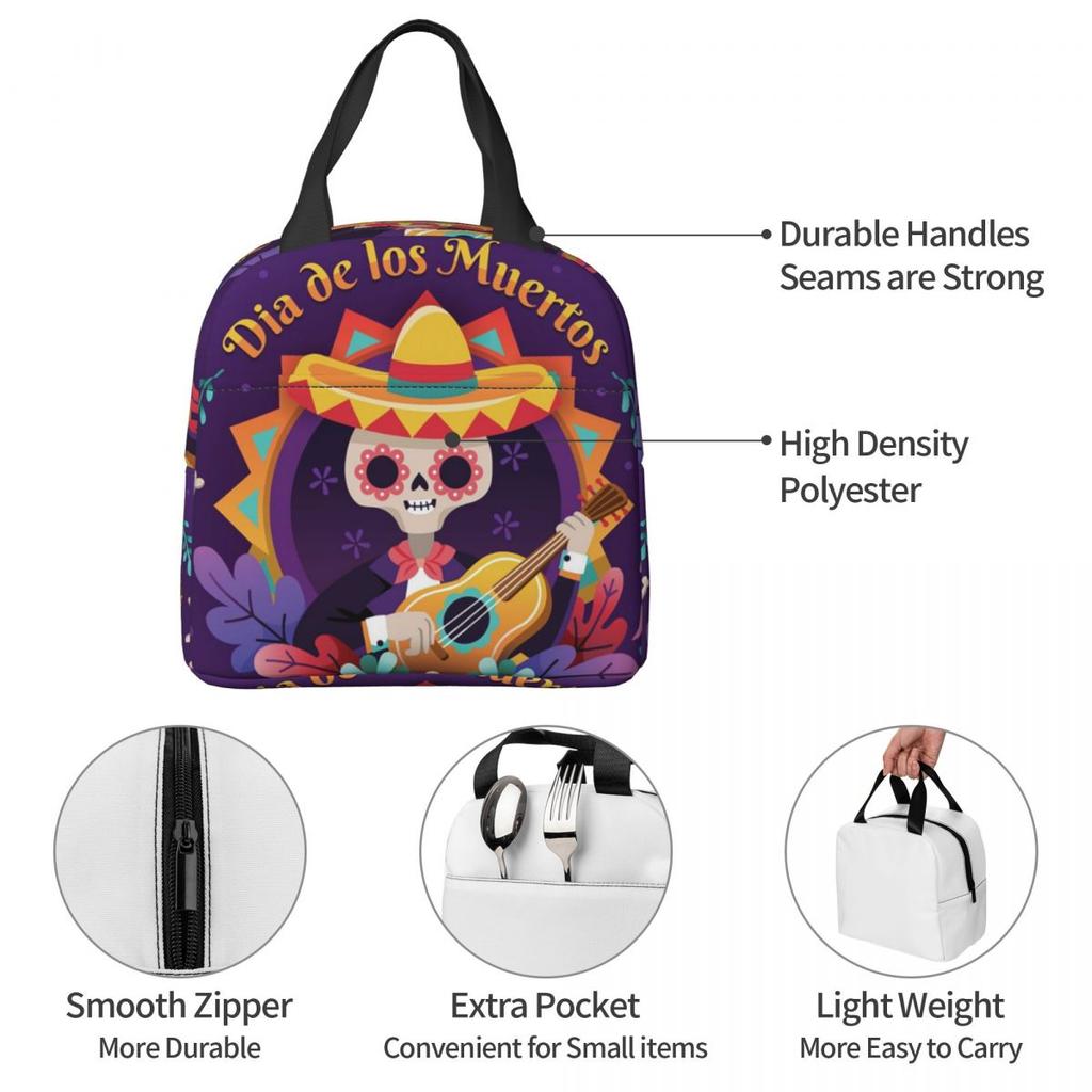 Mexican Sugar Skulls And Flowers Insulated Lunch Bag for Women Children Portable Food Boxes Thermal Lunch Box Tote