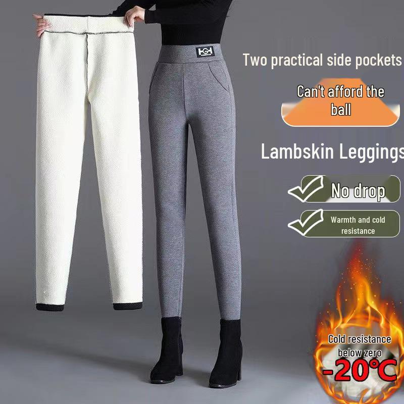 Women's Plus Size Thick Velvet Lambswool Leggings - Warm, Tight Fit In Black or Gray for Autumn and Winter.