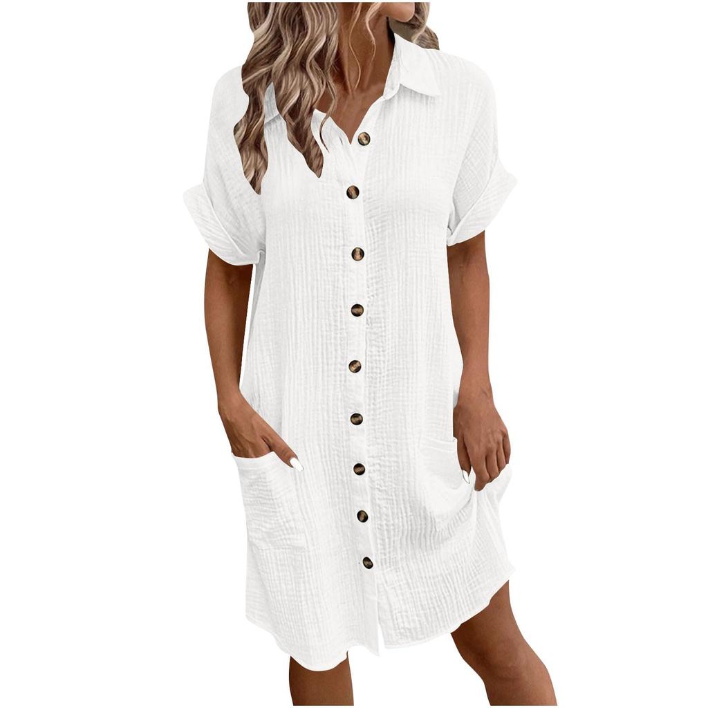Women's Summer Cotton Shirt Dress Short Sleeves Button Down Knee Length Dresses Casual Loose Mini Dress with Pockets