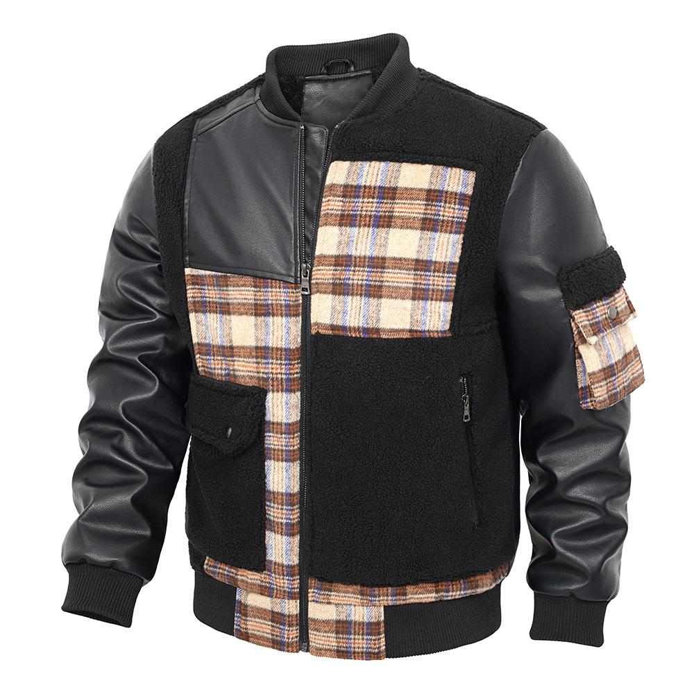 Autumn and winter PU fleece splicing leather jacket plaid jacket OZON thermal flight suit