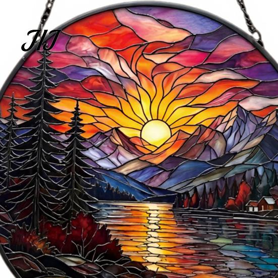 Window Light Refracting Art Stained Glass Style Suncatcher, Mountain Sunset Landscape Hanging Ornament, Colorful Artistic Sunlight Reflector
