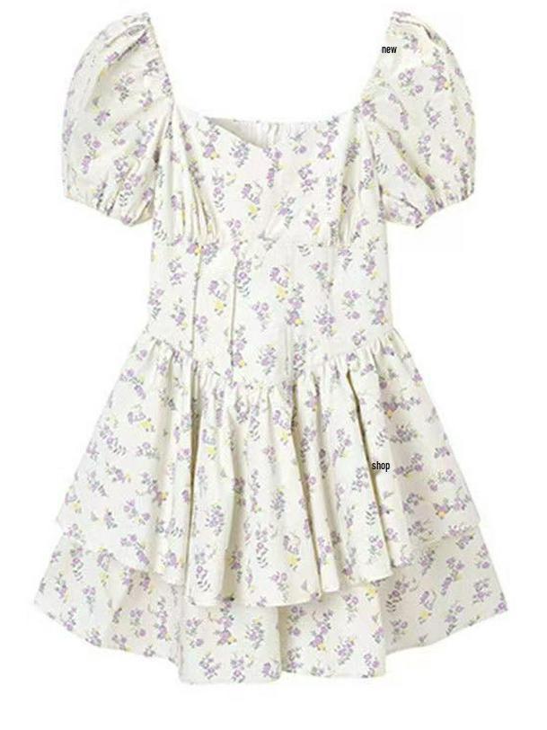 Robe d'été 2026 pour femme à manches bouffantes florales et col carré - Jupe courte moelleuse douce et épicée