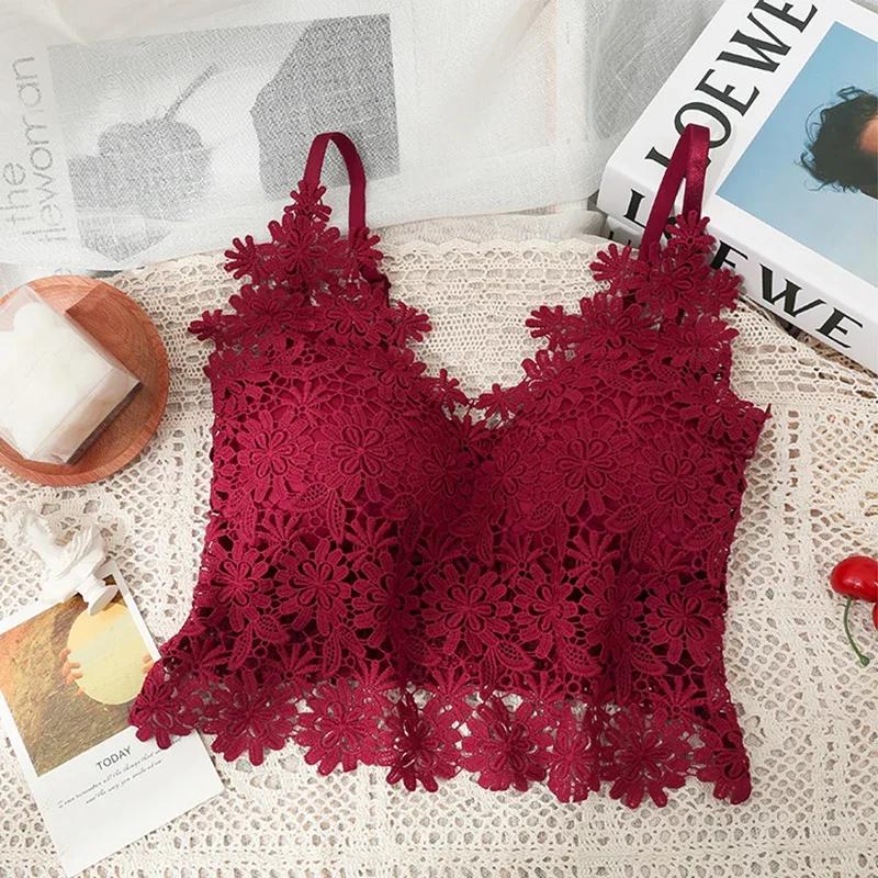 Dámský krajkový top s výstřihem do V a sexy zády, crop top s dutým výstřihem a podprsenkou, květinový výšivkový top Y2K 2025