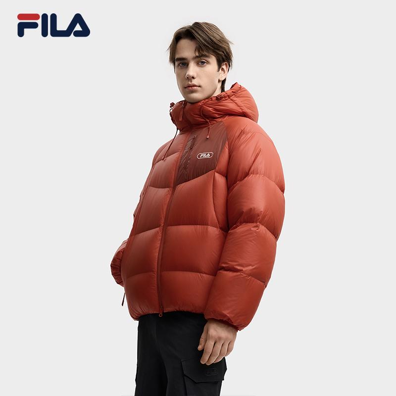 FILA Original Fashionable Personality Bright Duck Down Lightweight Warm Loose Hooded Down Jacket Men Outerwear Water-Red F11M549901FRD