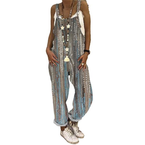 Salopette Donna Ampia A Gamba Larga - Tuta In Cotone Con Stampe Floreali, Bretelle Regolabili - Foto 12