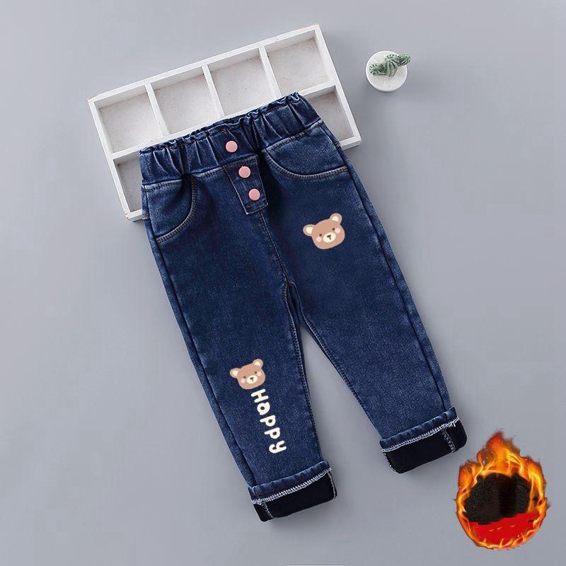 

Осенние и зимние флисовые джинсы для девочек, верхняя одежда, джинсы с завышенной талией в корейском стиле с длинными ушами, модные брюки для девочек в корейском стиле 130