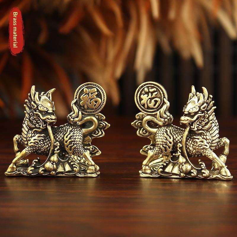 New 2pcs/set Brass Fu Character Kirin Small Ornament Home Office Copperware Tea Pet Decoration