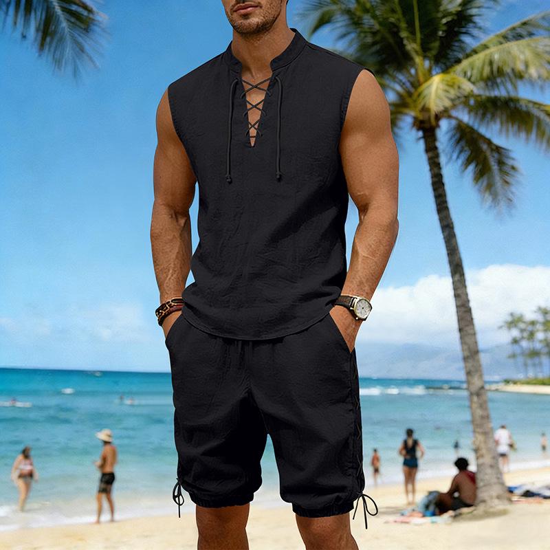 Men's Linen Plus Size Sleeveless Stand Collar Jogger Shorts Set with Drawstring