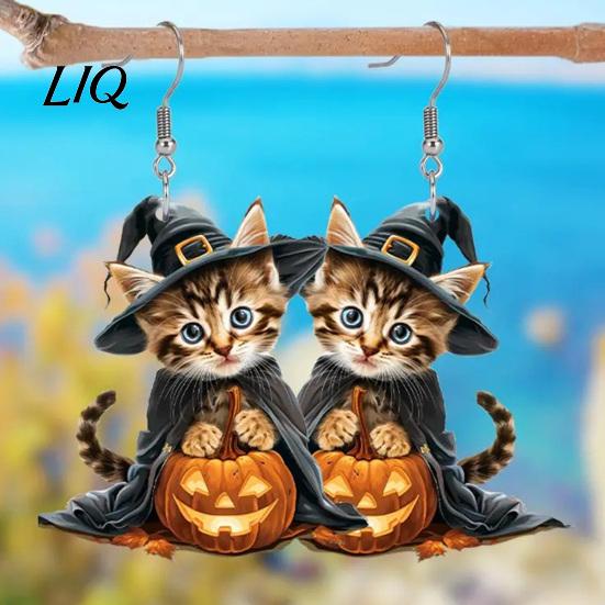 Acrylic Hang Tag Earrings 1 Pair Halloween Witch Cat for Women, Cute Kitten Dangle Drop with Pumpkin, Party Costume Accessories