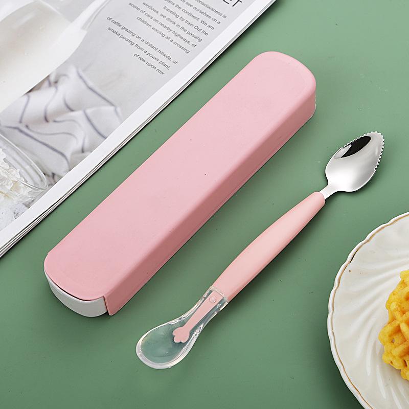 Stainless Steel Baby Cutlery Silicone Double Head Scraping Fruit Puree Spoon Complementary Food Spoon Baby Tableware