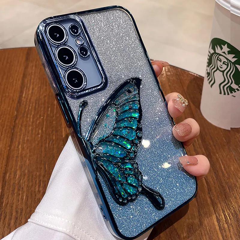 

S24FE S25 Ultra Чехол Роскошный Чехол-глиттер с бабочкой и зыбучим песком Для Samsung Galaxy S23 Plus S24 Ultra A05S A15 A24 A55 A25 Крышка For Samsung S24 синий