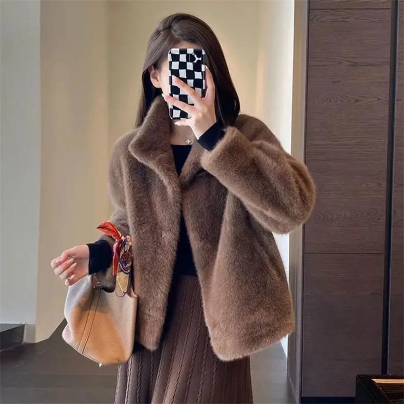 Fur One-piece Stand Up Collar Fur Coat For Young Women Short Winter Solid Color Eco-friendly Loose Fur Coat Woman