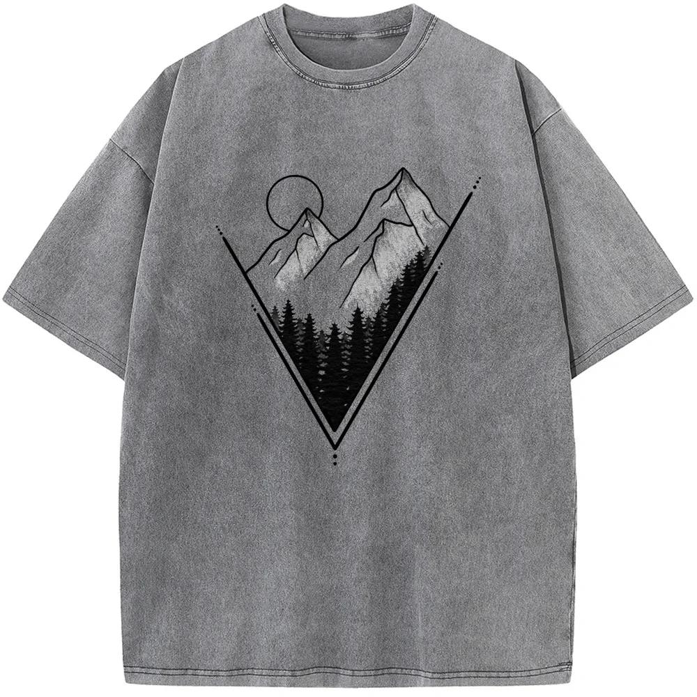 Geometrischer Berg Sonnenuntergang Aufdruck Kurzarm Herren- und Damen-Freizeit-T-Shirt Gewaschenes Distressed T-Shirt im alten Stil