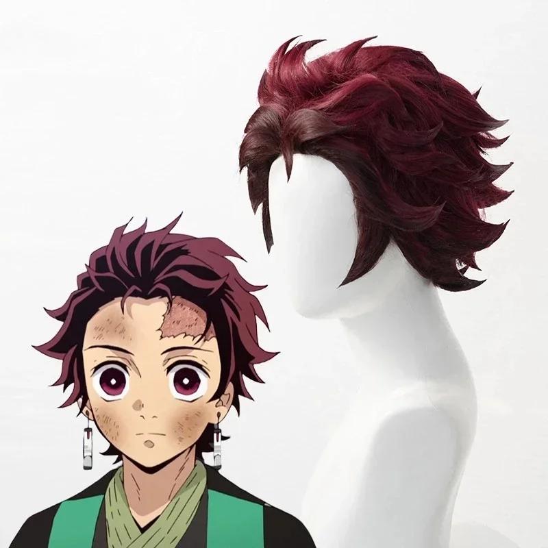 Anime Dämonentöter Kimetsu No Yaiba Tanjiro Kamado Cosplay Synthetische Perücken Kurz Kastanienbraun Hitzebeständige Haarperücken