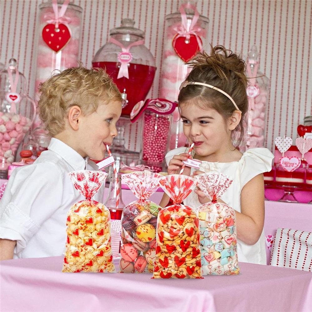 Valentine’s Day Cellophane Treat Bags, 100pcs Clear Goodie Bags With Twist Ties, Valentines Candy Gift Bags For Kids Party Favors (4 Styles)