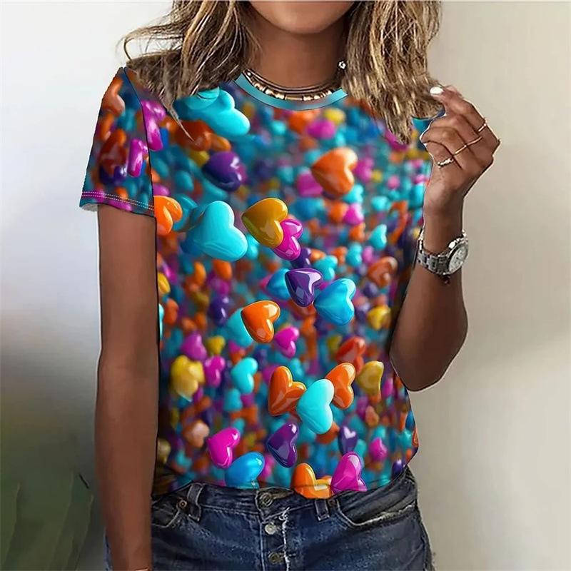 Women's Summer Street T-shirt Is A Colorful Collar Short Sleeved Top T-shirt 3D Loose T-shirt