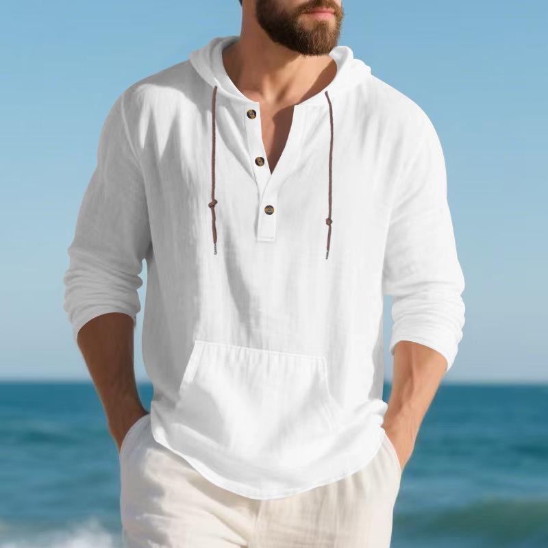 Men's Autumn Sports Casual Long-Sleeved Shirt Cotton-Linen Blend Hooded Pullover Sweatshirt Versatile Loose-Fit Beach T-Shirt