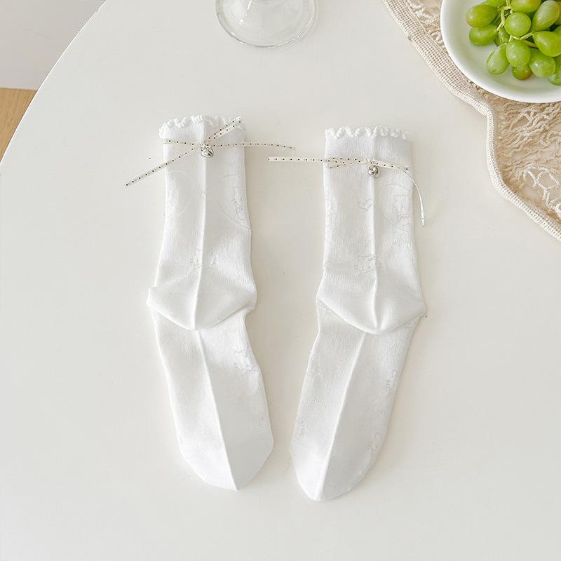 

Ladies Summer Thin Polka Dot Bow Cartoon Kitten Cutout Lace Boneless Mid Tube Pile Socks 1 pair білий