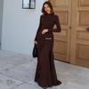 European Style Women's Winter 2025 Solid Color Round Neck Long Sleeve Dress with Metal Details and Pleats