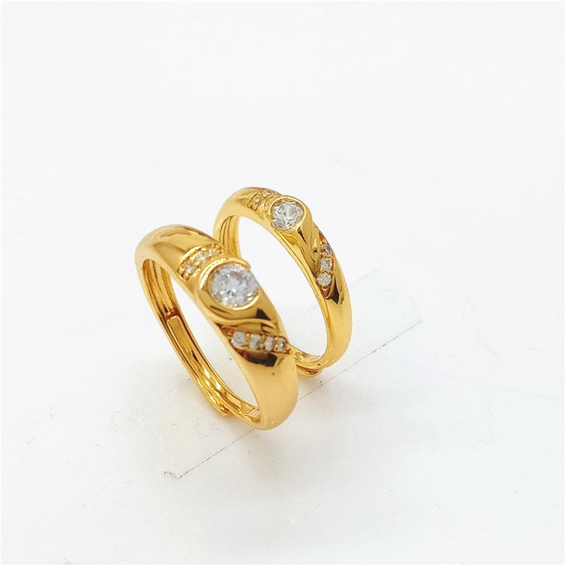 Vietnamese Sand-Gold Gilded Brass Heart-Shaped Couple Ring Set with Diamonds - Qixi Valentine's Gift