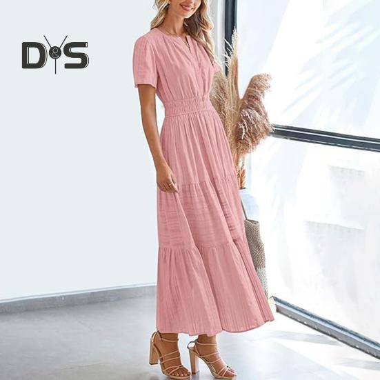 Women's Summer Maxi Dress Casual V-Neck Short Sleeve Tiered Flowy Dress Smocked Waist Pleated Long Dress