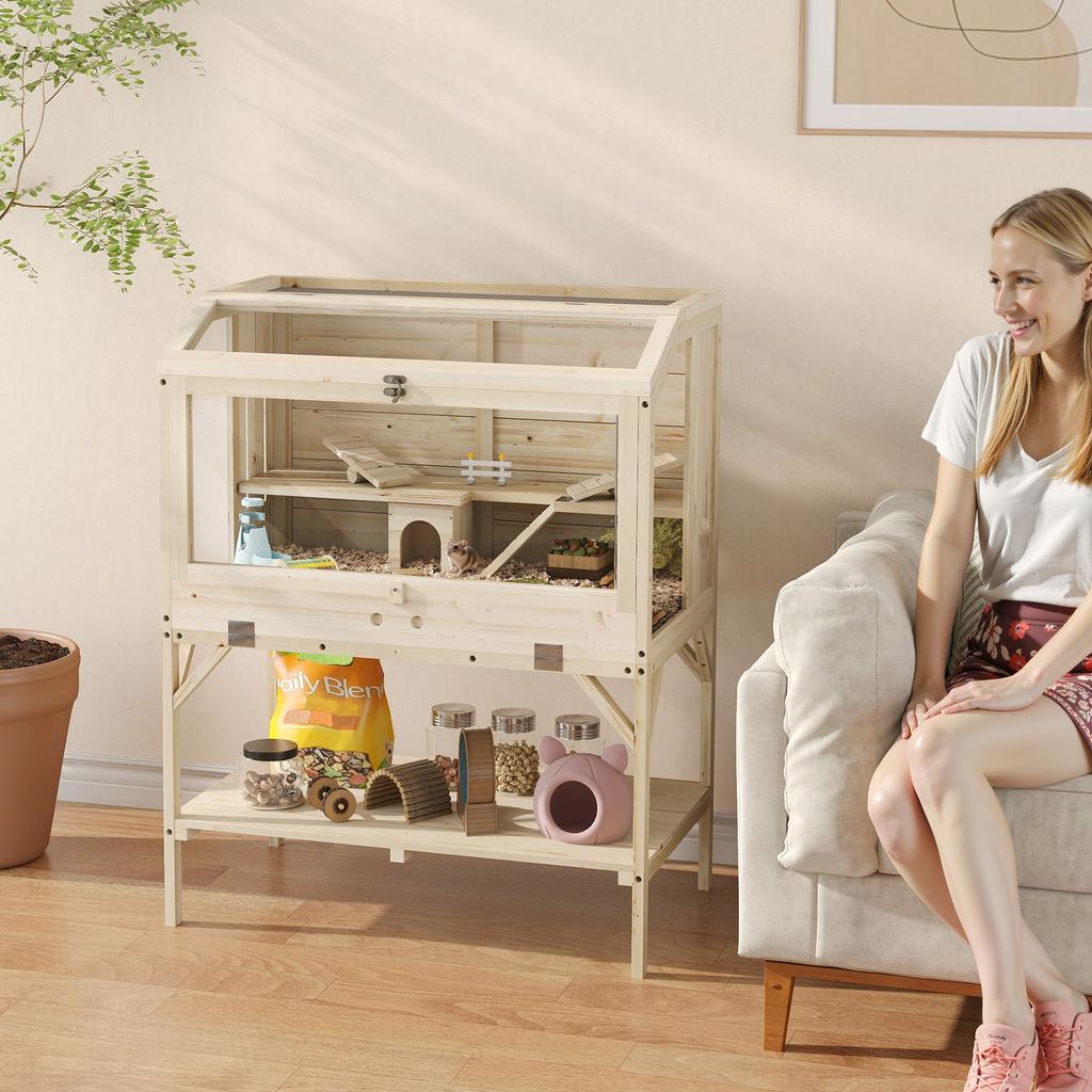 Hamster cage, 2 levels, small animal cage with storage compartment, accessories, 84 x 53 x 110 cm, natural wood